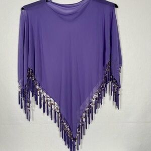 Unique Handmade Purple Triangle Sheer Shawl Poncho Shell Fringe Embellished OS